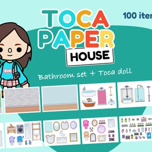Toca Boca Paper House - Bathroom set + Paperdoll, 100 items for print, Printable, Girls activity
