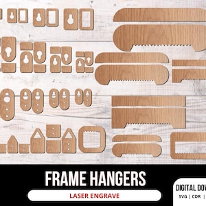 Puede incluir: Una descarga digital de diseños de colgadores de marcos para cortar con láser. Los diseños incluyen varias formas y tamaños de colgadores, incluyendo formas rectangulares, cuadradas y triangulares. Los diseños son perfectos para agregar un toque de encanto rústico a la decoración de tu hogar.