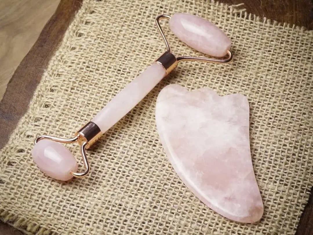 Pink Quartz Natural Stone Massage Tool Set Gua Sha and Roller Selfcare and Relaxation Etsy