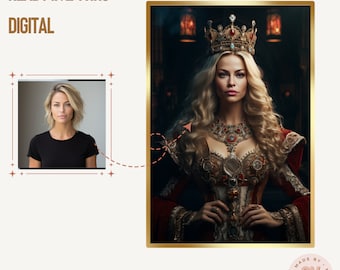 Könnte beinhalten: Ein digitales Porträt einer Frau, die eine goldene Krone, ein rot-goldenes Kleid und eine goldene Halskette trägt. Der Hintergrund ist dunkel und stimmungsvoll.