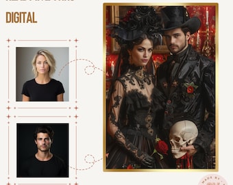 May include: A digital painting of a couple in a gothic style. The woman is wearing a black lace dress with a large black hat. The man is wearing a black suit with a top hat. They are holding a skull and a red rose.