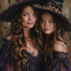 May include: Two women wearing purple and black witch costumes with pointed hats. The women have long brown hair and are looking at the camera. The background is a textured, gold-toned wall.