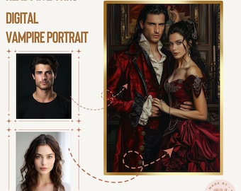 May include: A digital portrait of a couple dressed in vampire attire. The man is wearing a red velvet jacket and the woman is wearing a red gown. The portrait is framed in gold and has a "Made by GY" logo in the bottom right corner.