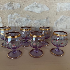 Set of Six Murano Crystal Liquor Glasses: Lilac Floral Gold Trim