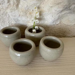 Peut inclure: Quatre petits pots en céramique ronds de couleur gris clair. Les pots sont disposés en demi-cercle sur une surface brun clair. Une seule fleur blanche est dans le pot du centre.