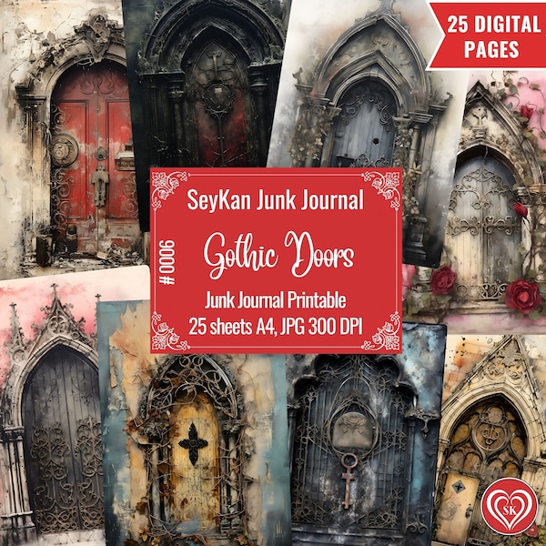 Bundle Gothic Doors Junk Journal Papers 25 Sheet Goth Fantasy Arched Doorway Arches Black Door Pages diy Folio Supply A4 Digital Printable