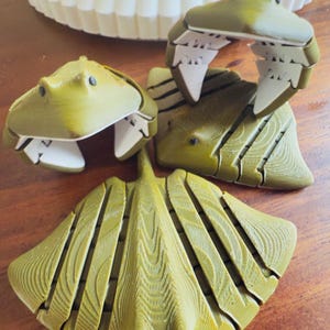 Op de afbeelding: Een verzameling olijfgroene decoratieve objecten in de vorm van roggen met witte accenten. De objecten hebben een gestructureerd, geribbeld ontwerp en zijn geplaatst op een houten oppervlak. De roggen hebben een unieke, artistieke uitstraling.