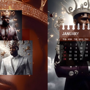May include: A calendar for January 2024 featuring a man wearing a crown and a purple jacket. The man is surrounded by stars and zodiac symbols. The calendar is in a brown frame.