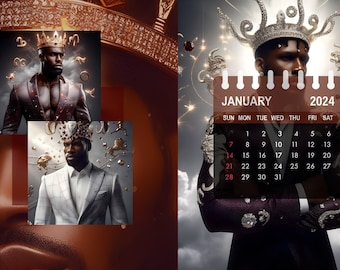 May include: A calendar for January 2024 with a man wearing a crown and a purple jacket. The man is surrounded by stars and zodiac symbols. The calendar is in a brown frame.