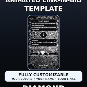 May include: An animated link-in-bio template featuring a diamond-patterned background. The interface includes text fields for a name, shop links, a central circular logo, and social media icons. The text reads: ANIMATED LINK-IN-BIO TEMPLATE, FULLY CUSTOMISABLE, YOUR COLOURS, YOUR NAME, YOUR LINKS, DIAMOND, FOR JEWELLERY & LUXURY BRANDS.