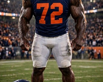 May include: A muscular anthropomorphic bear wearing a dark blue football jersey with the orange number 72 and white athletic pants. A dark blue football helmet and a brown football sit on the grass, with the text MAUL TIME! visible.