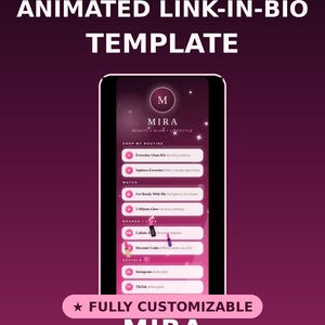 May include: An animated link-in-bio template for a smartphone screen, featuring a dark purple and pink gradient background with white text. The interface displays sections titled Shop My Routine, Watch, Brands I Love, and Socials with clickable buttons.