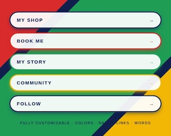 May include: A digital link-in-bio template featuring a red, green, and yellow background with a diagonal navy stripe. It includes the text POP FIELDS, FUNKY FIVES, TRIO FIVE #2, NAUTICA, @YOURNAME, MY SHOP, BOOK ME, MY STORY, COMMUNITY, FOLLOW, and FULLY CUSTOMIZABLE.