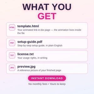 May include: A digital product listing for a Rainbow Ralph Candy Shop template. The text includes: WHAT YOU GET, template.html, setup-guide.pdf, license.txt, preview.jpg, INSTANT DOWNLOAD, and PROEDAPROMPTWIZARD ANIMATED LINK-IN-BIO TEMPLATE.