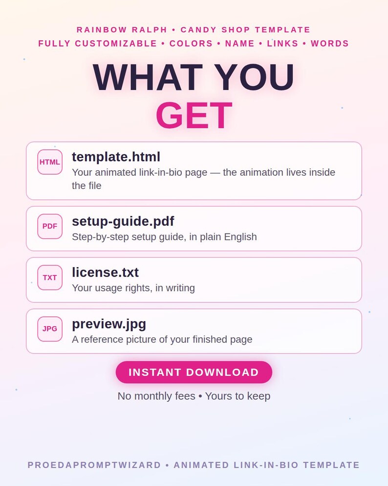 May include: A digital product listing for a Rainbow Ralph Candy Shop template. The text includes: WHAT YOU GET, template.html, setup-guide.pdf, license.txt, preview.jpg, INSTANT DOWNLOAD, and PROEDAPROMPTWIZARD ANIMATED LINK-IN-BIO TEMPLATE.