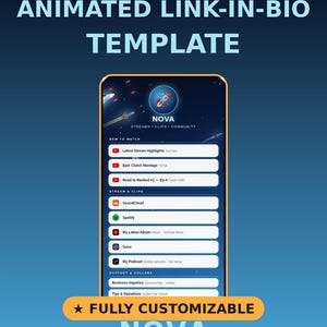 May include: An animated link-in-bio template for gamers and streamers titled NOVA. The digital interface features a dark space-themed background with a rocket icon, organized into sections for stream highlights, clips, and business inquiries.