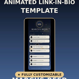 May include: An animated link-in-bio template for real estate agents featuring a dark blue mobile interface for Marcus Reed Chicago Luxury. The layout includes sections for listings, buy or sell options, and social media links with gold accents.