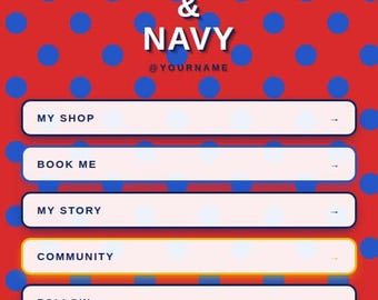 May include: A digital menu template with a red background and blue polka dots. It features the text POP FIELDS FUNKY FIVES PATTERN FIVE BONUS, CHERRY & NAVY, @YOURNAME, and buttons labeled MY SHOP, BOOK ME, MY STORY, COMMUNITY, and FOLLOW.