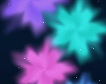 May include: A digital illustration featuring four blurred, star-shaped bursts of color in purple, teal, pink, and blue against a dark navy background. Small, scattered white dots are distributed throughout the composition, resembling distant stars.