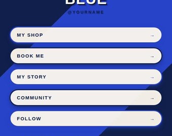 May include: A digital template with a blue and dark blue background featuring the text POP FIELDS FUNKY FIVES TRIO FIVE #5, CHANEL BLUE, @YOURNAME, and five white horizontal buttons labeled MY SHOP, BOOK ME, MY STORY, COMMUNITY, and FOLLOW.