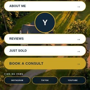 May include: A digital interface for a real estate professional featuring a dark blue header with the text BUY SELL LUXURY and YOUR NAME. Navigation buttons include LISTINGS, ABOUT ME, REVIEWS, JUST SOLD, and BOOK A CONSULT. Social links include INSTAGRAM, TIKTOK, and YOUTUBE.
