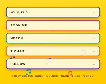 May include: A yellow digital link-in-bio template featuring the text POP FIELDS, FUNKY FIVES, COLORWAY #5, LEMONADE, @YOURNAME, and buttons labeled MY MUSIC, BOOK ME, MERCH, TIP JAR, and FOLLOW. Includes a headphone icon and a boombox graphic.