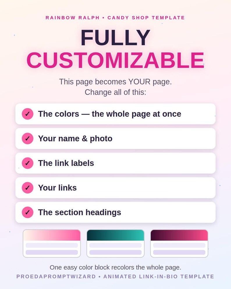 May include: A digital template titled RAINBOW RALPH CANDY SHOP TEMPLATE. The text reads FULLY CUSTOMIZABLE, This page becomes YOUR page. Change all of this: The colours, Your name & photo, The link labels, Your links, The section headings.