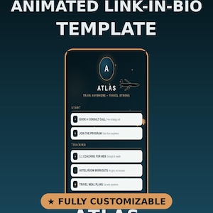 Può includere: Un modello animato di link-in-bio per coach di fitness e viaggi. L'interfaccia scura presenta il testo ATLAS, TRAIN ANYWHERE TRAVEL STRONG, e pulsanti per prenotare chiamate, unirsi a programmi, coaching, allenamenti in hotel e piani alimentari.