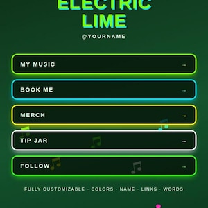 May include: A digital link-in-bio template featuring a dark green background with neon accents. Text includes POP FIELDS, FUNKY FIVES, COLORWAY #2, ELECTRIC LIME, @YOURNAME, MY MUSIC, BOOK ME, MERCH, TIP JAR, FOLLOW, and FULLY CUSTOMIZABLE COLOURS NAME LINKS WORDS.