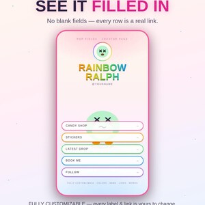 May include: A digital link-in-bio template titled Rainbow Ralph Candy Shop Template. The interface features a pastel gradient background, a central character icon, and five colourful buttons labelled Candy Shop, Stickers, Latest Drop, Book Me, and Follow.