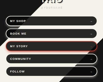 May include: A digital interface template featuring a diagonal split background of black and off-white. It displays the text POP FIELDS, FUNKY FIVES, TRIO FIVE #3, NOIR TRIO, @YOURNAME, and buttons labeled MY SHOP, BOOK ME, MY STORY, COMMUNITY, FOLLOW.