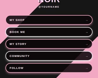 May include: A digital template featuring a diagonal split of pink and black. It displays the text POP FIELDS, FUNKY FIVES, TRIO FIVE #4, PINK NOIR, @YOURNAME, and buttons labeled MY SHOP, BOOK ME, MY STORY, COMMUNITY, FOLLOW, and FULLY CUSTOMIZABLE.