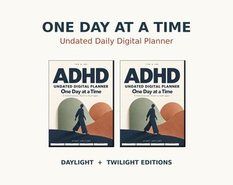 May include: Two identical digital planner covers titled ADHD Undated Digital Planner One Day at a Time. The design features a dark silhouette of a person walking on a path with abstract green and orange shapes in the background.