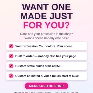 May include: A digital template advertisement titled Rainbow Ralph Candy Shop Template. It features the text Want One Made Just For You? and lists customisation options with checkmarks, ending with a pink Message The Shop button.