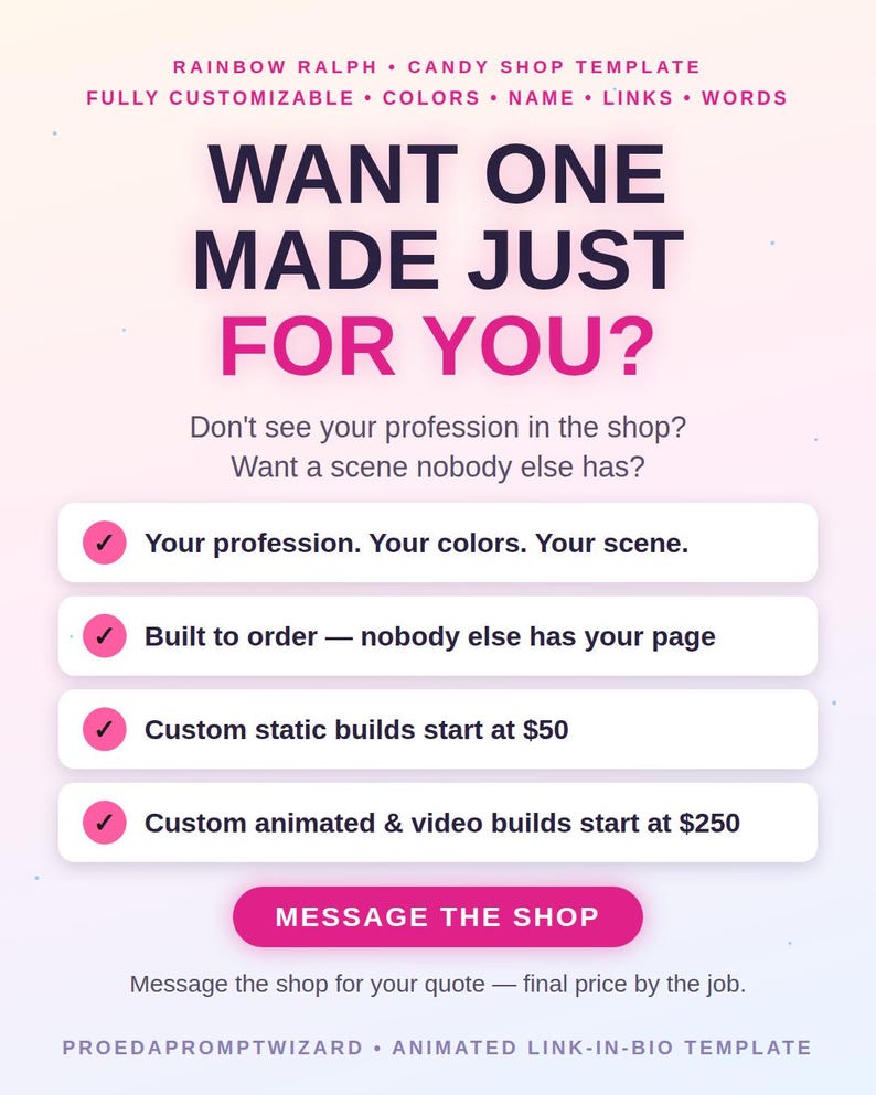 May include: A digital template advertisement titled Rainbow Ralph Candy Shop Template. It features the text Want One Made Just For You? and lists customisation options with checkmarks, ending with a pink Message The Shop button.