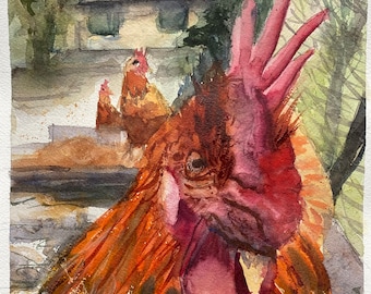 Hahn mit zwei Hühnern, 23x31 cm, Aquarell