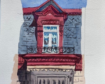 Viktorianische Hausfassade mit Balkon, 31x23cm, Aquarell