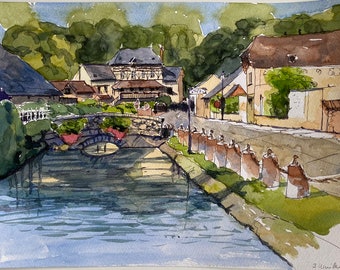 Dorfszene in der Normandie, Frankreich, 23x31cm, Aquarell mit Tusche und Farbe, Blumen, Wasser, Normandie, Fluss, Dorf, Frankreich