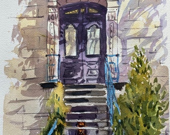 Viktorianische Hausfassade mit Treppe in lila beige, 31x23cm, Aquarell