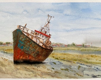 Einsames Boot am Strand, 23x31 cm, Aquarell,