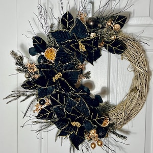 Black and Gold Poinsettia Christmas Wreath, Real Touch Holiday Wreath for Front Door, Elegant Winter Wreath, Glam Xmas Decor
