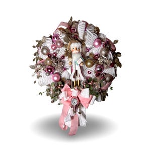 Nutcracker Wreath for front door, Nutcracker Door Decoration with Pink and White ribbons and assorted ornaments, Pink Nutcracker