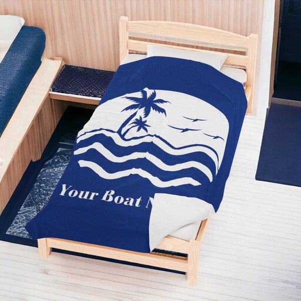 Custom Boat Owner Gift Nautical Blanket, Personalized Fleece Sherpa Boat Name, Beach House Pontoon for Captain, Coastal Beach House Blanket