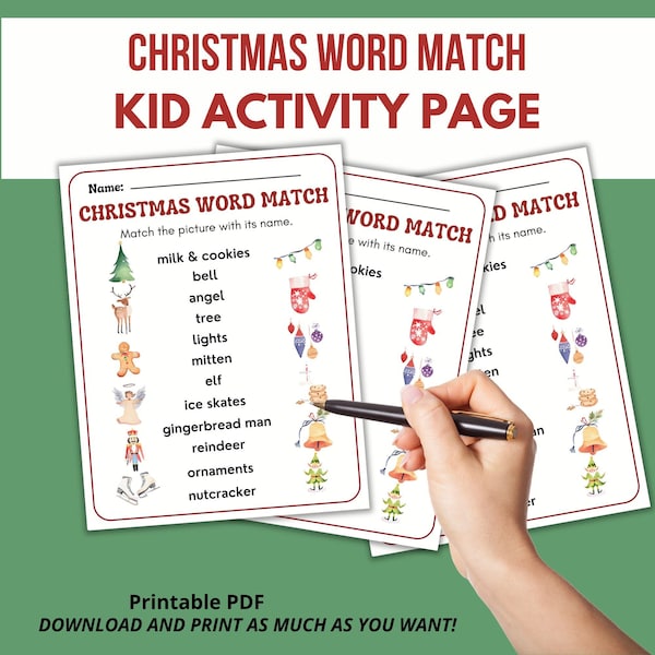 Christmas Word Match Activity Page, Christmas Fun, Christmas Game, Christmas Party, Kids Printable, Homeschool Printable, Holiday School