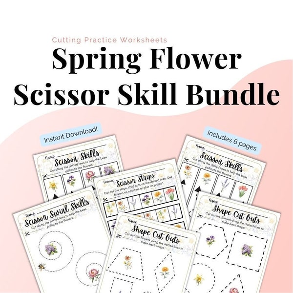 Spring Flower Scissor Skill Bundle, Preschool Scissor Practice Printable Activity
