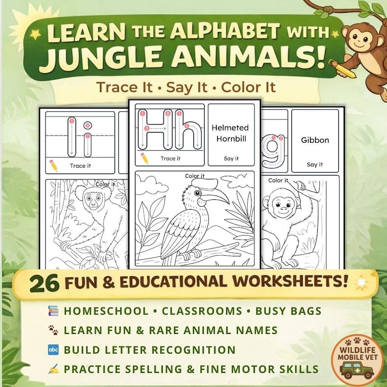 Alphabet Tracing Worksheets for Preschool | Jungle Animal Coloring Book ...