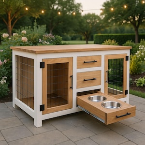 DIY Dog Crate Furniture Plan with Feeding Station, Modern Pet Kennel Cabinet Blueprint, Digital PDF Download for Indoor or Outdoor Use