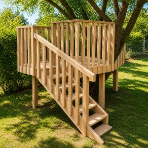 May include: A wooden treehouse with a platform and railing, accessed by a staircase. The treehouse is built around a tree trunk and stands on wooden posts. The structure is made of light-colored wood and is set in a grassy yard.