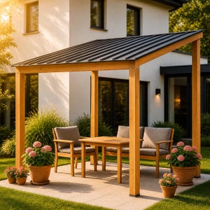 May include: A wooden outdoor patio set with a table, two chairs, and a bench, all with light gray cushions. The set is under a wooden pergola with a black metal roof. Potted pink flowers surround the patio.