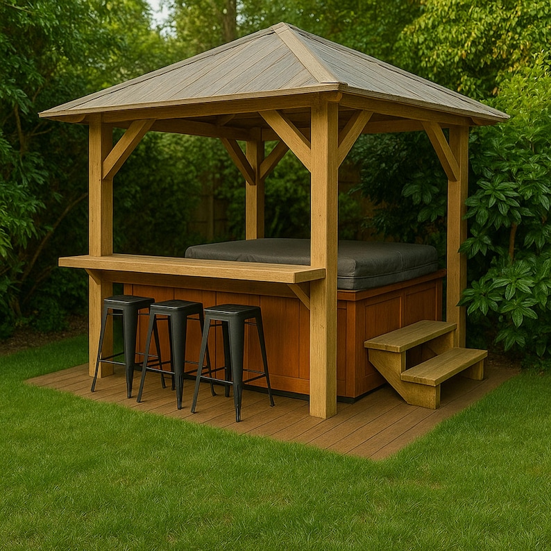 DIY Hot Tub Gazebo Bar Plans – Outdoor Covered Bar With Seating (PDF